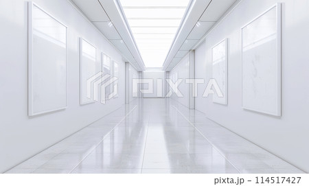 Bright Minimalist Hallway with White Walls, Frames Mockup and Modern Lighting. Contemporary Interior Bright Minimalist Hallway with White Walls, Frames Mockup and Modern Lighting. Contemporary Interior 114517427