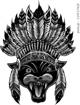 monochrome Black panther, puma. Head of animal. Wild cat portrait. Indian headdress with feathers. 114517428