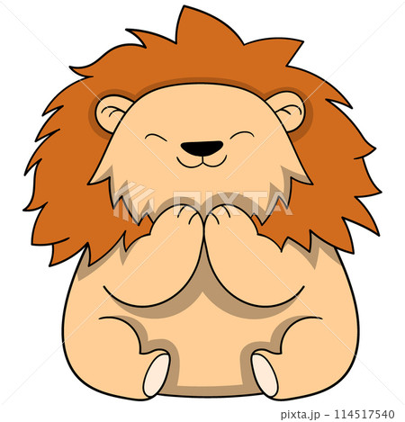A fat male lion is sitting alone smiling cutely A fat male lion is sitting alone smiling cutely 114517540
