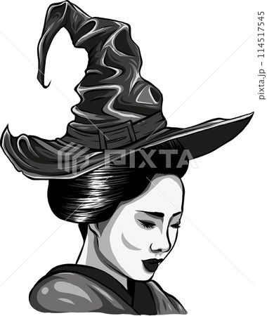 beautiful witch with long hair wearing traditional hat - halloween sorceress costume black and white vector portrait beautiful witch with long hair wearing traditional hat - halloween sorceress costume black and white vector portrait 114517545