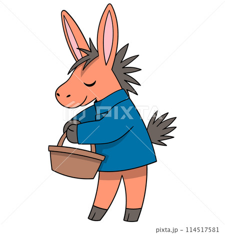 The donkey is standing walking carrying a shopping basket to pick vegetables in the garden The donkey is standing walking carrying a shopping basket to pick vegetables in the garden 114517581