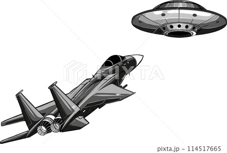 vector monochrome military jet fight with ufo 114517665