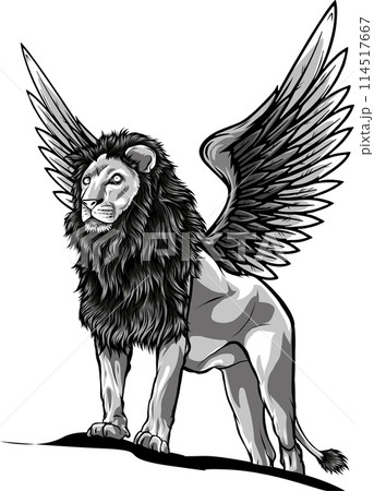 mythical winged lion vector illustration monochrome draw 114517667