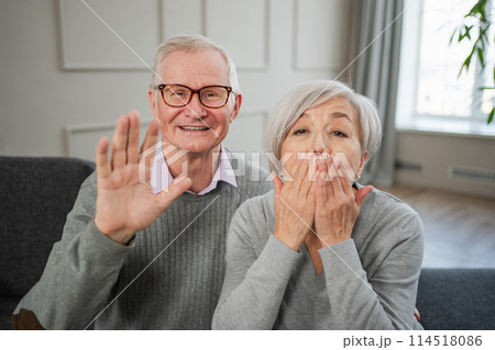 Happy senior woman man talk on video call with friends family. Mature old grandmother grandfather talking speaking with grown up children online. Older generation modern tech usage. Webcamera view Happy senior woman man talk on video call with friends family. Mature old grandmother grandfather talking speaking with grown up children online. Older generation modern tech usage. Webcamera view 114518086