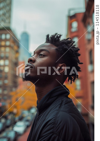 A man with dreadlocks is standing in the rain 114518118