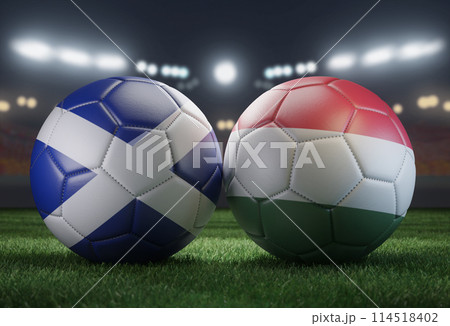 Two soccer balls in flags colors on a stadium blurred background. Group A. Scotland and Hungary. 3D image. Two soccer balls in flags colors on a stadium blurred background. Group A. Scotland and Hungary. 3D image. 114518402