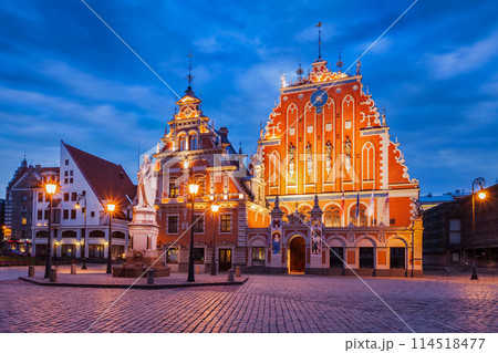 Riga Town Hall Square, House of the Blackheads and St. Roland Statue illuminated in the evening twilight, Riga, Latvia Riga Town Hall Square, House of the Blackheads and St. Roland Statue illuminated in the evening twilight, Riga, Latvia 114518477