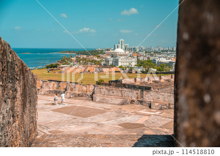 View from Castillo San Cristobal -fort, castle- in Old San Juan in Puerto Rico to the new modern city 114518810