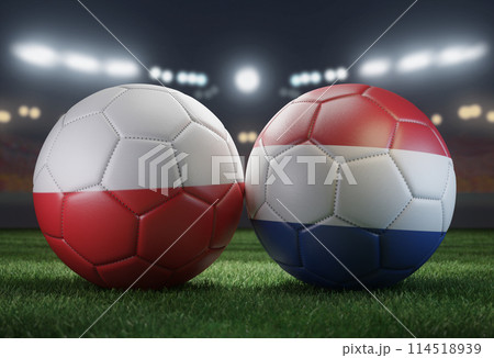 Two soccer balls in flags colors on a stadium blurred background. Group D. Poland and Netherlands. 3D image. 114518939