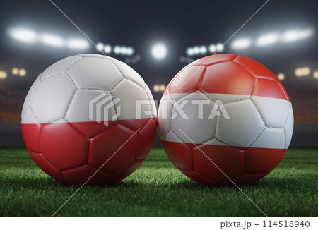 Two soccer balls in flags colors on a stadium blurred background. Group D. Poland and Austria. 3D image. Two soccer balls in flags colors on a stadium blurred background. Group D. Poland and Austria. 3D image. 114518940