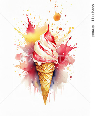 Vibrant illustration of an ice cream cone with colorful splashes and red syrup drizzle Vibrant illustration of an ice cream cone with colorful splashes and red syrup drizzle 114519099
