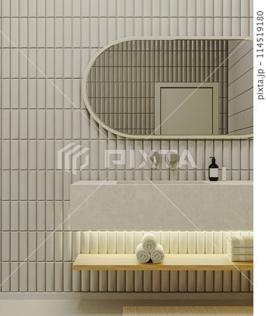 modern bathroom interior with stone sink and metal fauceta, mirror, toiletries and cosmetics, 3d rendering 114519180