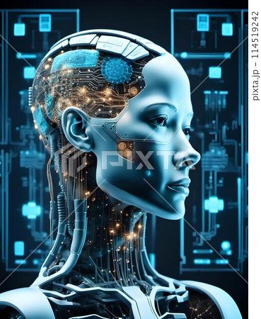 Female head with a circuit board. Generative AI 114519242