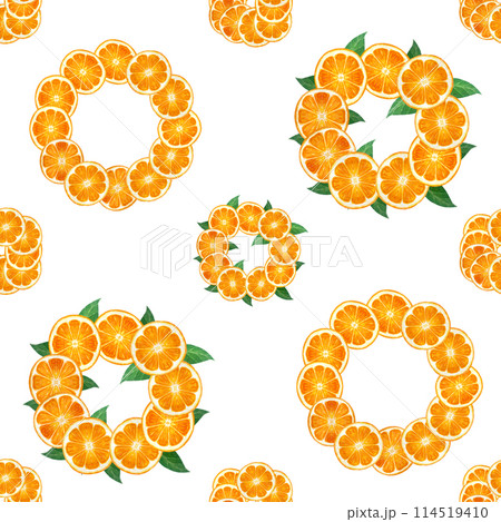 Orange slice wreath with green leafs watercolor seamless pattern isolated on white. High quality hand drawn art for food design, packages, wrapping paper, kitchen textile, natural organic citruses 114519410