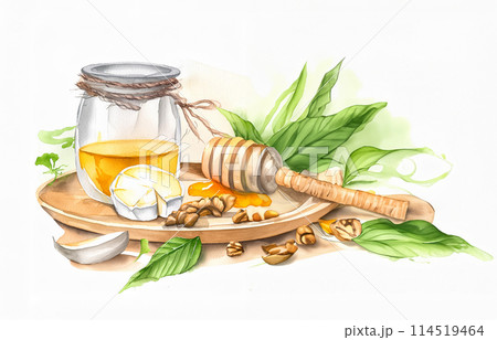 A jar of golden honey, wooden dipper, almonds, and green leaves on a rustic platter. Organic, wholesome, and artful 114519464