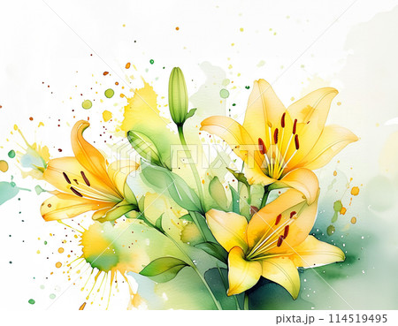 A vibrant mix of yellow lilies and green hues, this artwork captures the essence of spring A vibrant mix of yellow lilies and green hues, this artwork captures the essence of spring 114519495