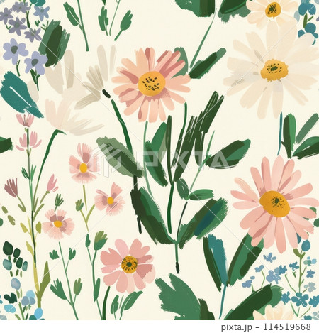 Beautiful Summer Delicate Floral Seamless Pattern. Pastel Pink and Green Wild Flowers Background Texture. 114519668