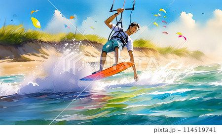 Kiteboarder soars above ocean waves, harnessing wind power. The dynamic scene captures energy and freedom Kiteboarder soars above ocean waves, harnessing wind power. The dynamic scene captures energy and freedom 114519741