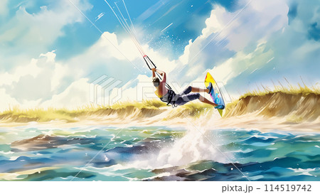 Kiteboarder soars above ocean waves, harnessing wind power. The dynamic scene captures energy and freedom Kiteboarder soars above ocean waves, harnessing wind power. The dynamic scene captures energy and freedom 114519742
