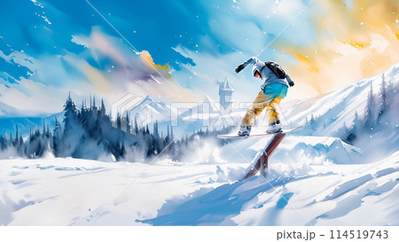 Snowboarder mid-jump against a vibrant, snowy landscape with mountains and a castle 114519743