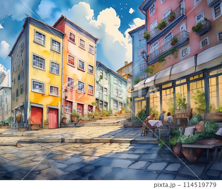 A lively European street with colorful buildings, cobblestone paths, and outdoor dining under a bright sky 114519779