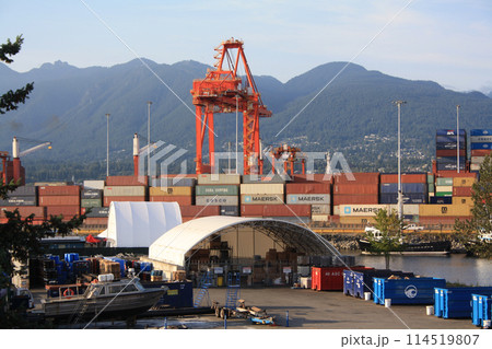 Cranes and warehouses in Vancouver Port. British Columbia, Canada 114519807