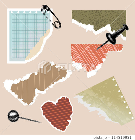 Modern template with torn paper shapes. Vector collage grunge banner. Digital illustration. Retro stickers for scrapbook and design Modern template with torn paper shapes. Vector collage grunge banner. Digital illustration. Retro stickers for scrapbook and design 114519951