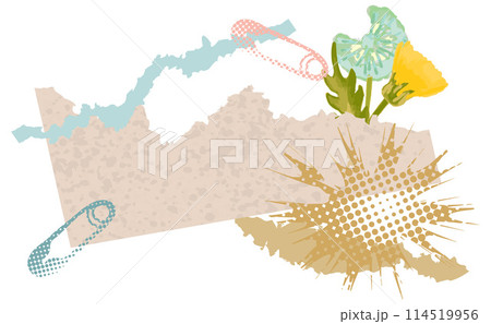 Vector collage banner of torn paper. Modern trendy retro style. Torn paper, dandellions, rip notebook sheets, craft notepaper, old grunge paper.	 114519956