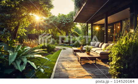 Sunset Serenity in a Luxurious Garden 114520164