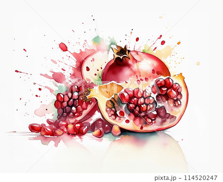 Watercolor painting of a pomegranate with seeds and vibrant splashes 114520247