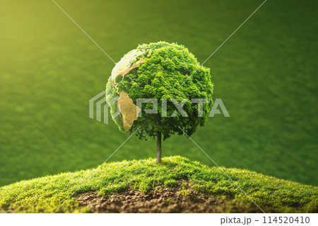 Conceptual image of a tree shaped like Earth growing on a grassy mound 114520410
