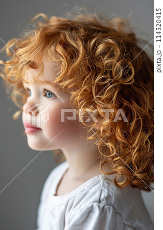 Profile view of a young toddler with curly blond hair looking sideways 114520415