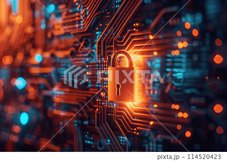 A glowing padlock on a detailed circuit board highlights cyber security 114520423