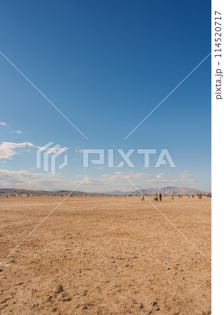 Experience the vast desert landscape with attendees scattered in the distance at a music and art festival. Remote setting, no structures, with mountains in the background. 114520717