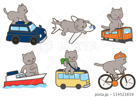 乗り物に乗るグレー猫のイラストセット 乗り物に乗るグレー猫のイラストセット 114521659