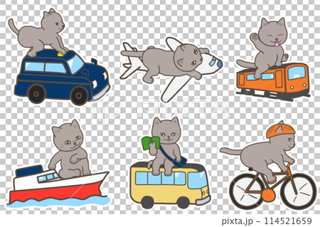 乗り物に乗るグレー猫のイラストセット 乗り物に乗るグレー猫のイラストセット 114521659