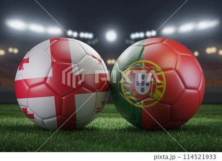 Two soccer balls in flags colors on a stadium blurred background. Group F. Georgia and Portugal. 3D image. Two soccer balls in flags colors on a stadium blurred background. Group F. Georgia and Portugal. 3D image. 114521933
