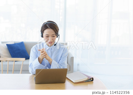 リビングでテレワークする女性 リビングでテレワークする女性 114522356