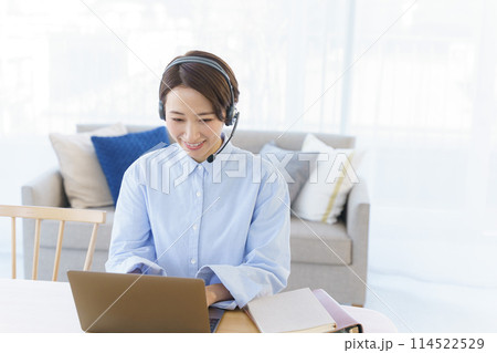 部屋でテレワークする女性 部屋でテレワークする女性 114522529