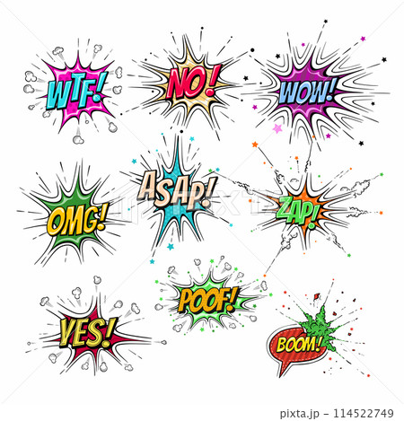 Speech bubble, boom sign expression and pop art text frames 114522749