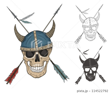 Hand drawing of a skull in a horned helmet and two arrows 114522792