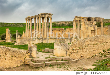 Temple building details of Juno Celestis, archaeological site of ancient Roman Dougga, Tunisia 114522832
