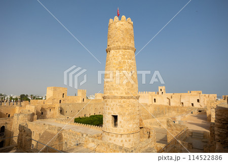 Architectural structures and watchtower of fortified Ribat of Monastir in Tunisia 114522886
