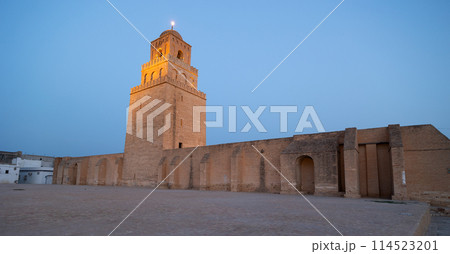 Evening view of minaret of Great Mosque of Kairouan, Tunisia 114523201
