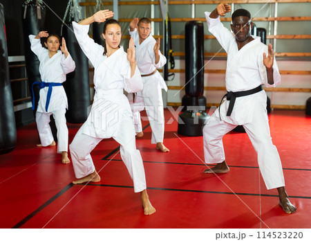 Karate or taekwondo training - athletes in kimono stand in fighting stance Karate or taekwondo training - athletes in kimono stand in fighting stance 114523220