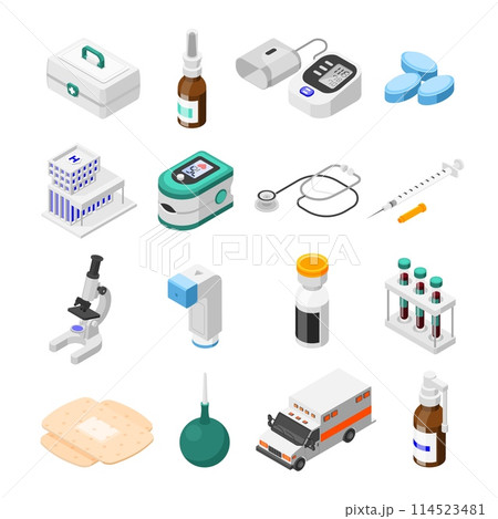 Isometric pharmacy supplies. Ambulance, hospital clinic elements, equipment and medications. Laboratory tools, medicine flawless vector set 114523481