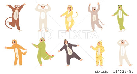 People wear animal pajamas. Cartoon pajama party person. Happy young adult characters in cute costumes, jumping and having fun, snugly vector set 114523486