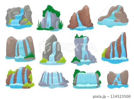 Isolated waterfall. Cartoon waterfalls, nature landscape elements. River and lakes, mountains, rocks and tree. Water streams, touristic neoteric vector set 114523500