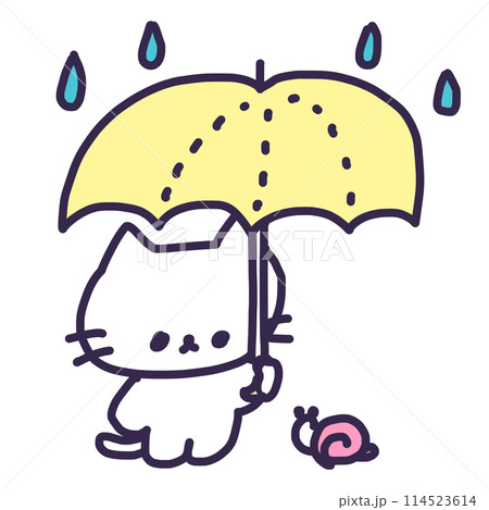 雨の中傘をさしているかわいい白い色の子猫のイラスト 114523614