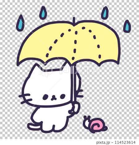 雨の中傘をさしているかわいい白い色の子猫のイラスト 114523614